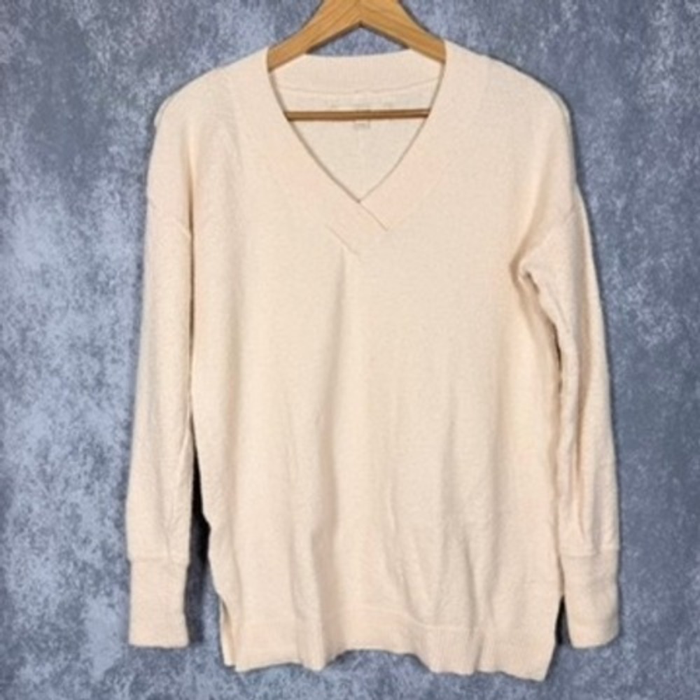 LOFT Womens XS Cream V-Neck Textured Knit Sweater Long Sleeve Side Slits